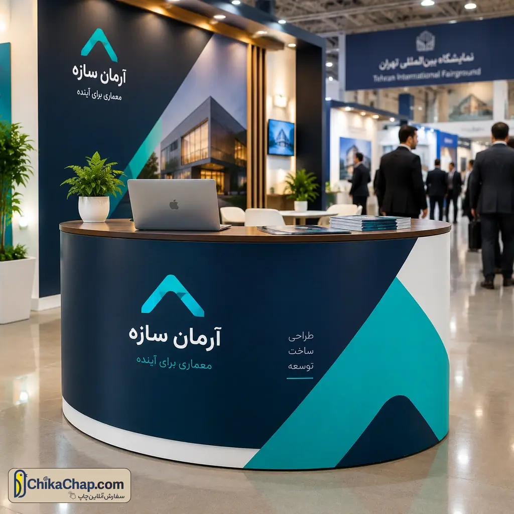 خرید میز کانتر نمایشگاهی دو نفره پرتابل با چاپ پلات لمینت مات و سازه مگنتی در غرفه مدرن